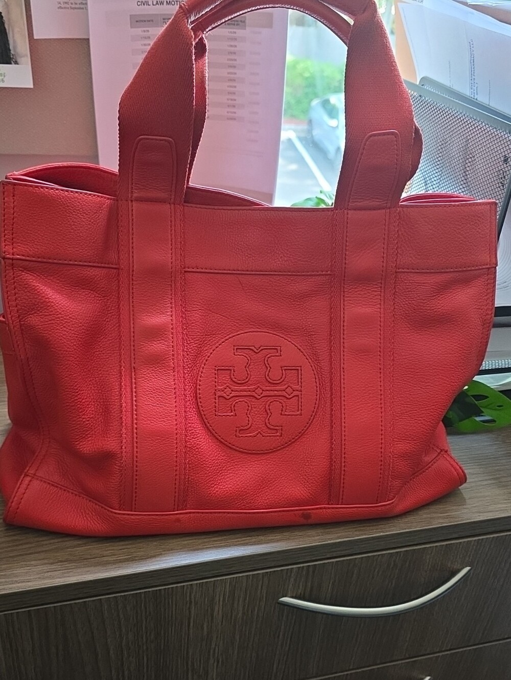 Tory Burch Red/Orange Pebbled Leather Tote with Logo Medallion